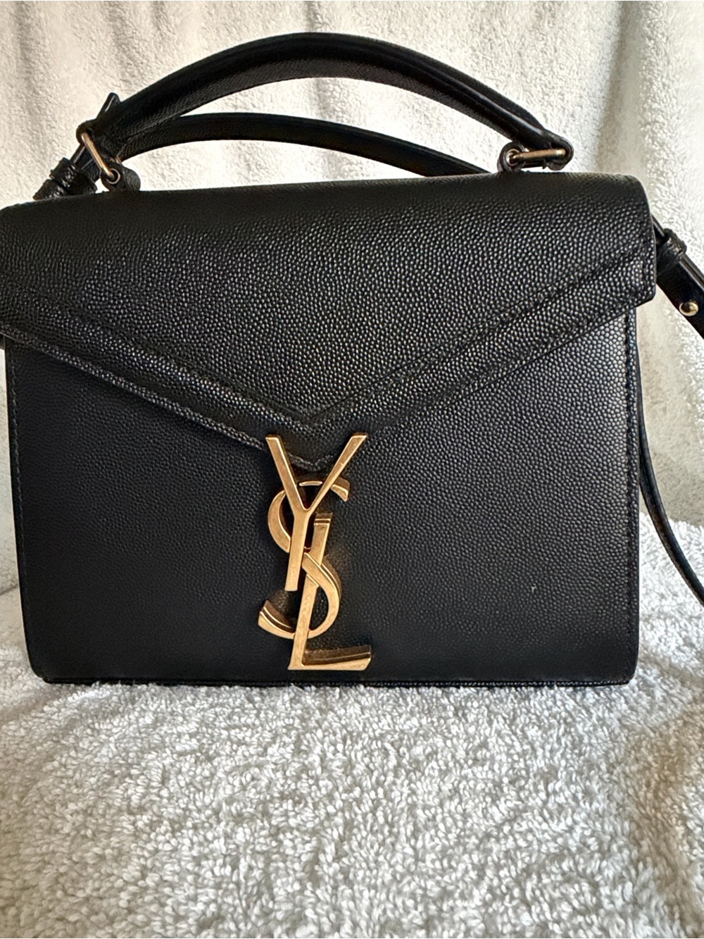 Saint Laurent Black Leather Satchel with Gold YSL Monogram